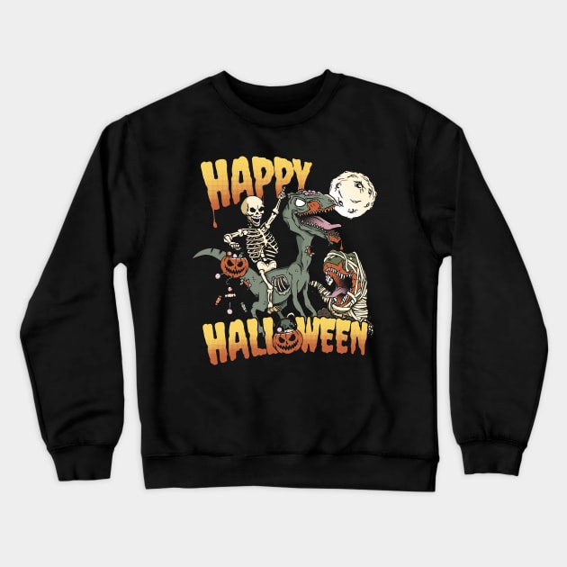 Skeleton Riding Zombie Dinosaur Happy Halloween Crewneck Sweatshirt by NerdShizzle